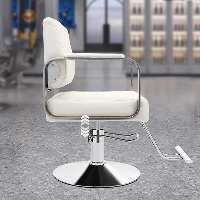 Barber Salon Chair, 440lbs Adjustable Beauty Spa Hair Styling Salon Chair 360° Rotatable Multi-Function Barber Chair with Footrest for Barber Shops Homes & Spas (Off-White+Silver)