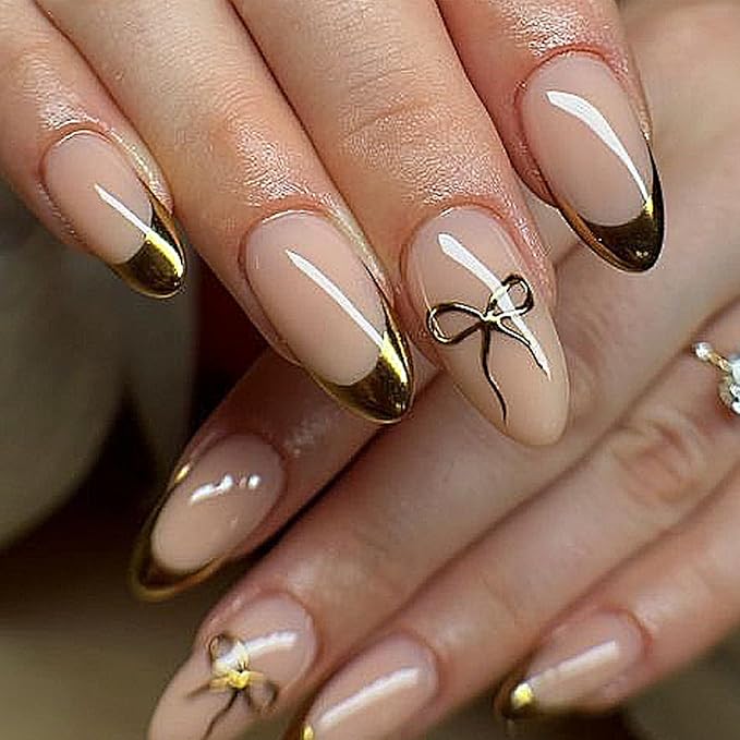 Gold French Tip Press on Nails Almond Medium Fake Nails Bow Glue on Nails Reusable Full Cover Gold Nail Tips Stick on Nails Glossy Nude Pink Acrylic Nails Press ons False Nail for Women Manicure 24Pcs