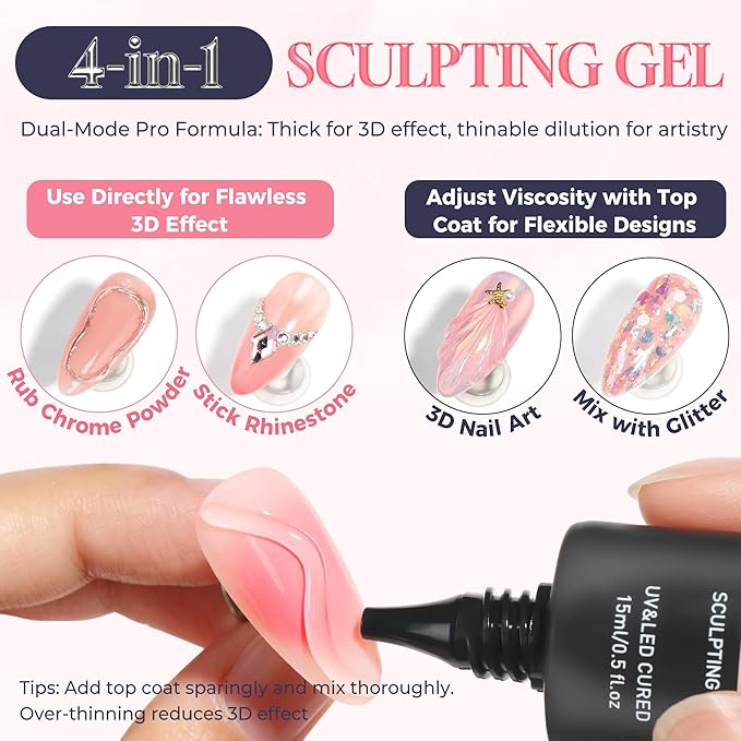 3D Gel Nail Art: 4 in 1 3D Nail Sculpting Gel for Molding, Drawing, Chrome Powder, Rhinestone Charms Glue, No Wipe Clear for DIY Fall Christmas Nail Art at Home, Lamp Curing Needed