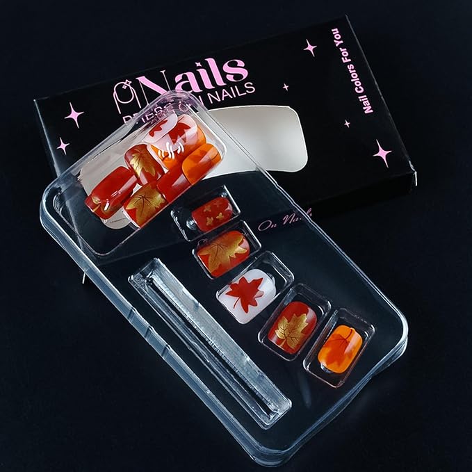 Fall Maple Leaf Press on Nails 24Pcs Red Maples Fake Nails Golden Autumn Leaves Stick on Nail Thanksgiving Artificial Nails Short Square Glossy Acrylic False Nails Gel Glue on Nail for Women