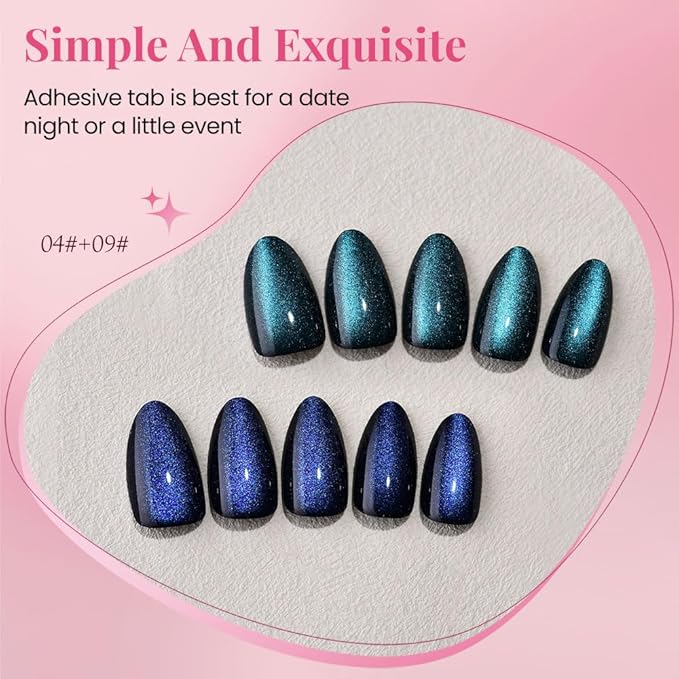 evpct Dark Blue Press on Nails Almond Short, Sapphire Royal Blue Cat Eye Glitter Press on Nails for Women Gift, Soft Gel Press Glue On Nail with Nail Glue, 60Pcs Reusable Acrylic Fake Nails Kit