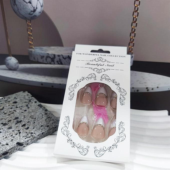 3D Gold Curve Press on Nails 24Pcs Irregular Lines Gel Glue on Fingernails Acrylic Full Cover Fake Nails Glossy Silver French Stick on Nail Sparkly Medium Almond False Nail for Holiday Manicure Art