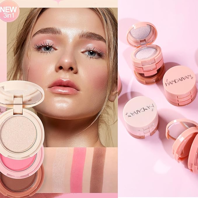 3-in-1 Blendable Trio, Contour and Highlight Blush Makeup Palette, Cream Bronzer, Silky Smooth Powder Blush, Shimmer Highlighter Makeup Powder, Pink Brown Eyeshadow Palette with Mirror(01)