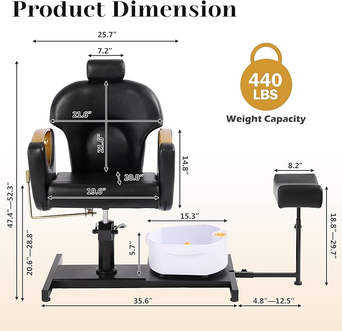 Pedicure Station No Plumbing, Hydraulic Pedicure Chair for Nail Tech, Height Adjustable Reclining Pedicure Station Unit, 360 Degree Swivel Foot Spa Chair with Massage Foot Bath (Black)