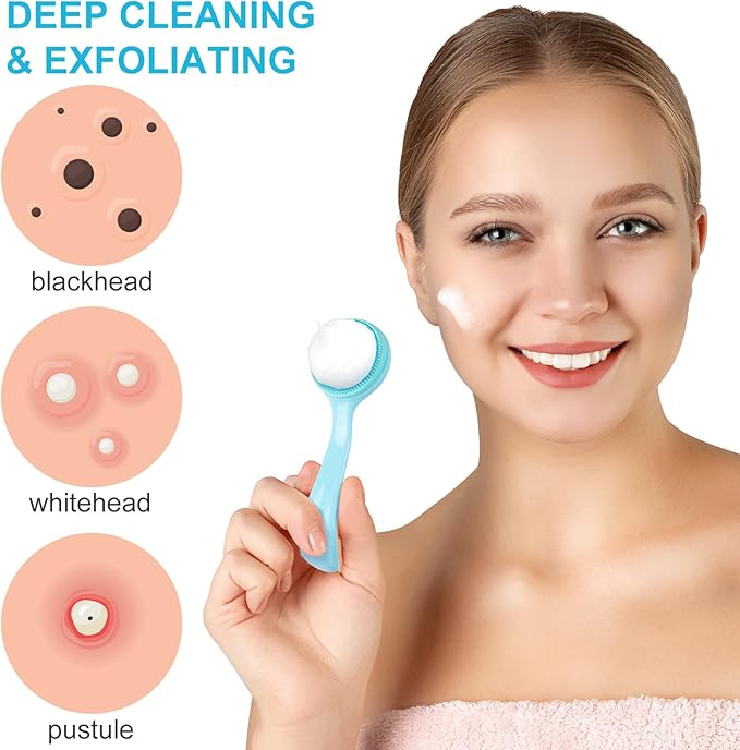 2 Pack Silicone Manual Facial Cleansing Brush, Skin Friendly Waterproof Face Cleaning Scrubber Exfoliator Cleanser for Blackheads Whiteheads Makeup Residues Removal- Blue