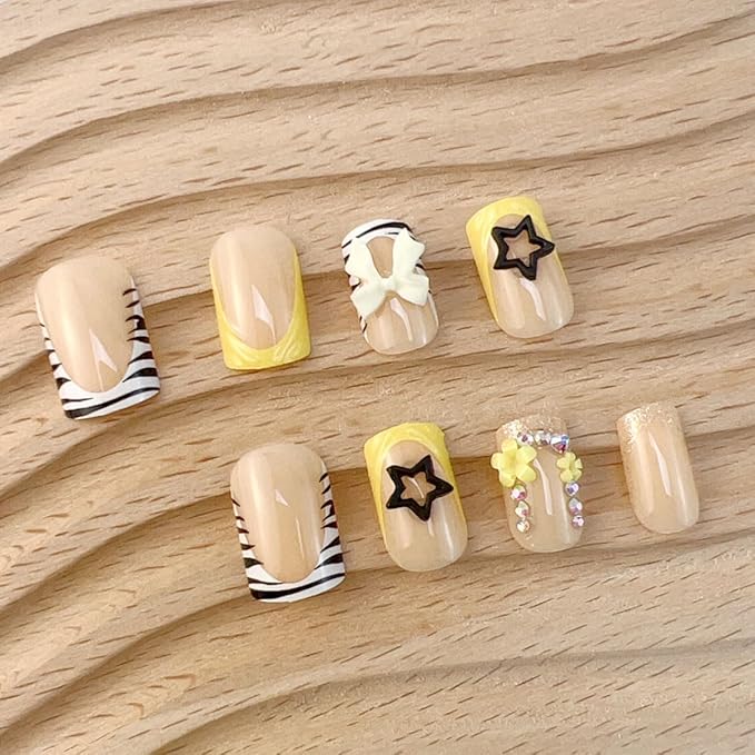 Short Square Press on Nails Bow Fake Nails French Tips False Nails Zebra Print 3D Bow Flower Star with Rhinestone Design Cute Stick on Nail Acrylic Artificial Nail for Women Decor Manicure Accessories