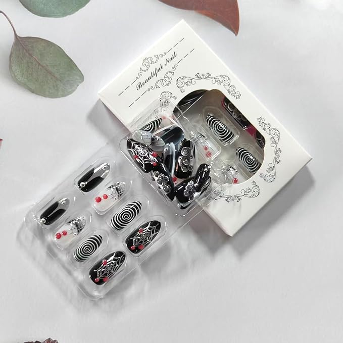 30Pcs Halloween Press on Nails Medium Almond Goth Fake Nails with 3D Blood Drops Design Sliver Spiderweb False Nails Black Spider Artificial Nail Spiral Glue on Nail for Women Manicure