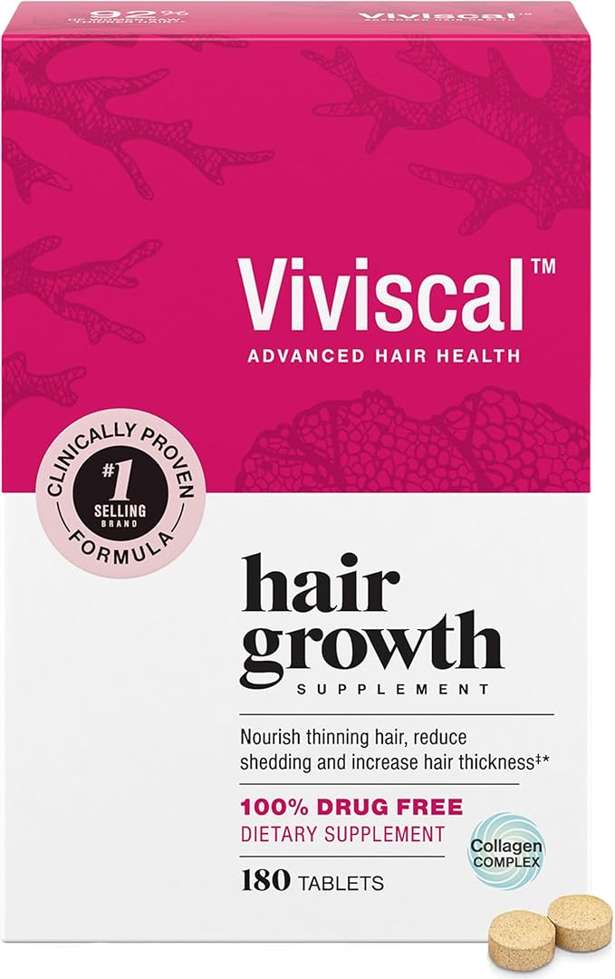 Viviscal Hair Growth Supplements for Women, Thicker Fuller Hair Support for Thinning Hair and Hair Loss, with Biotin and Marine Collagen, Drug-Free, 180 Tablets, 90-Day Supply