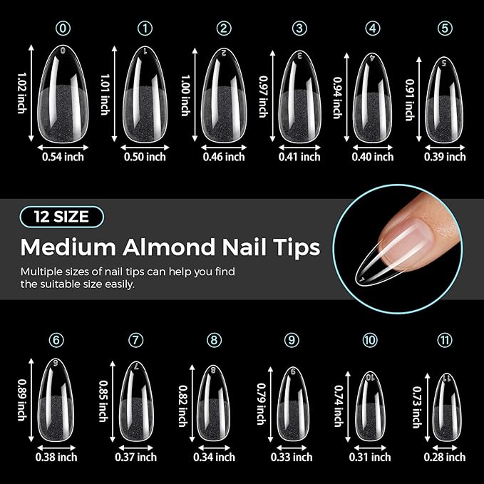 TOMICCA Almond Gel Nail Tips, Half Matte Pre Shaped No Filing Medium Almond Nail Tips, 240 Pcs Gel Tips 12 Sizes, Clear Acrylic Tips for Nail Art, Nail Extension at Home, For Beginners