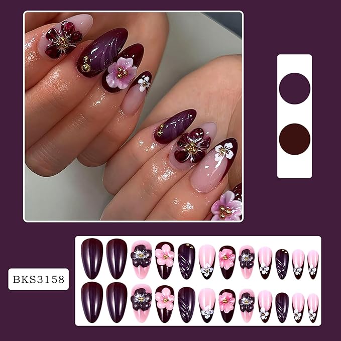 24Pcs Dark French Flower Press on Nails Almond Medium Fake Nails with 3D Pearl Charms Design French Nails Brown False Nails Full Cover Artificial Glue on Nails for Women DIY Manicure Daily Wear