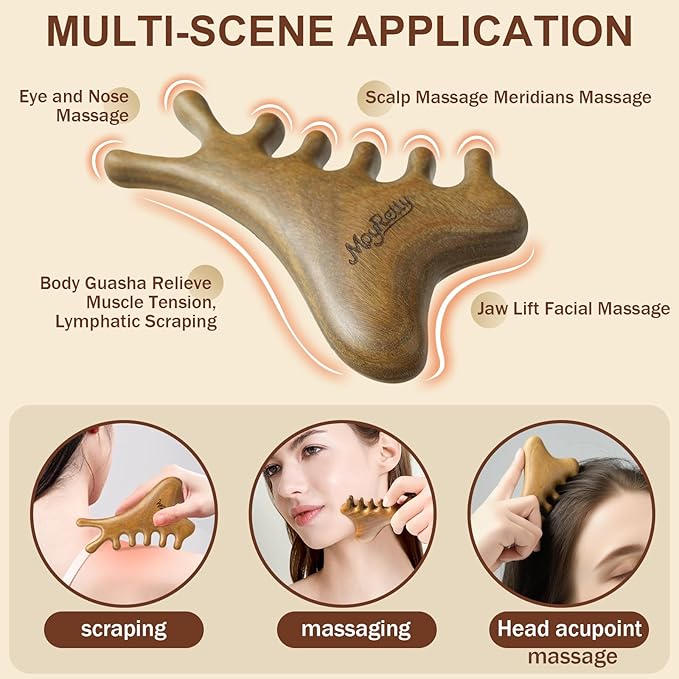 MoyRetty Green Sandalwood Gua Sha Facial Tool(4-in-1), Natural Wooden Face & Body GuashaMassager, Lymphatic Drainage Massage Comb with Storage Pouch, Jawline Shaper