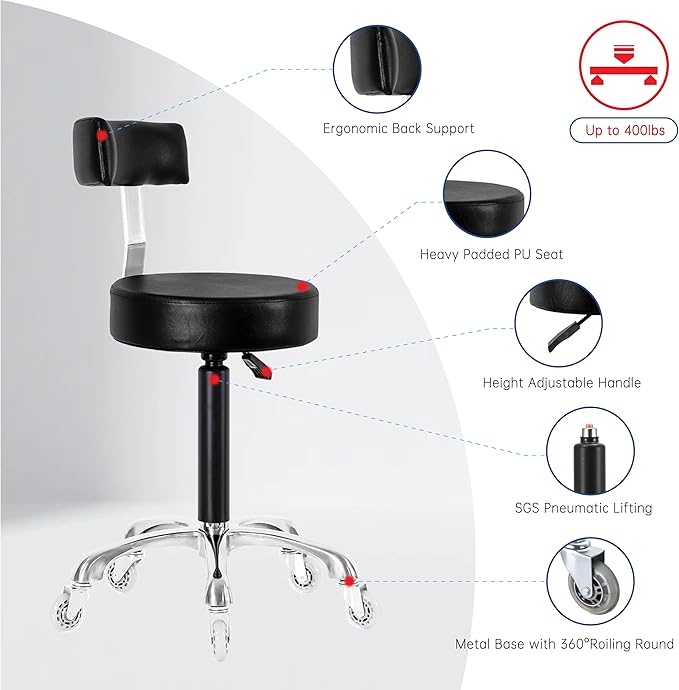 Swivel Rolling Stool Round Chair,Thick Sturdy Padding,Adjustable Stool with Wheels for Doctor,Medical,Massage Salon,Office,Shop(Camel) (Black,with Back)