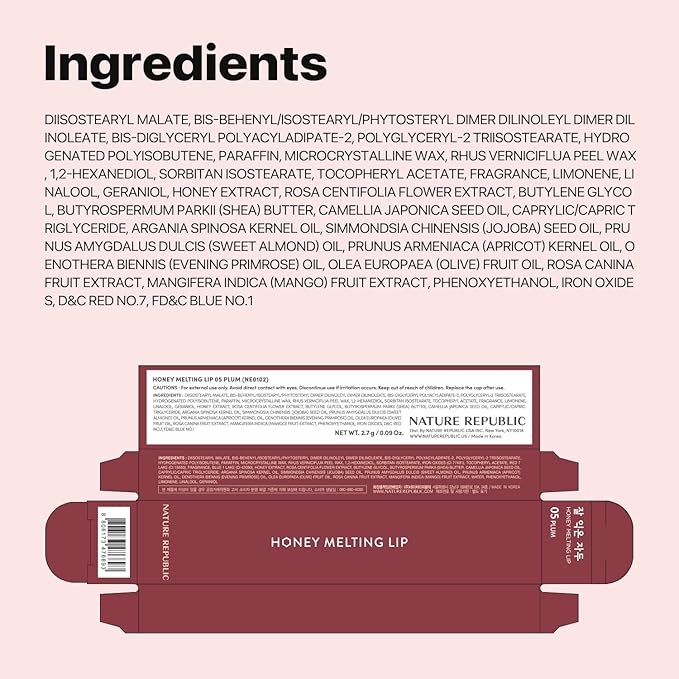 Nature Republic HONEY MELTING LIP (05 PLUM) SOFT LIP STICK, Hydrating Gloss, Moisturizing balms, Sheer tint, Shine & Glowy Finish, korean make up