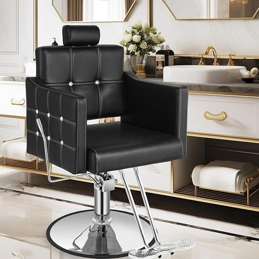 Black Reclining Salon Chair for Hair Stylist, Barber Chair for Barbershop with 350LBS Hydraulic Pump, Adjustable Headrest, 135° Recliner Hair Stylist Chair for Beauty Salon, Spa or Tattoo Studio