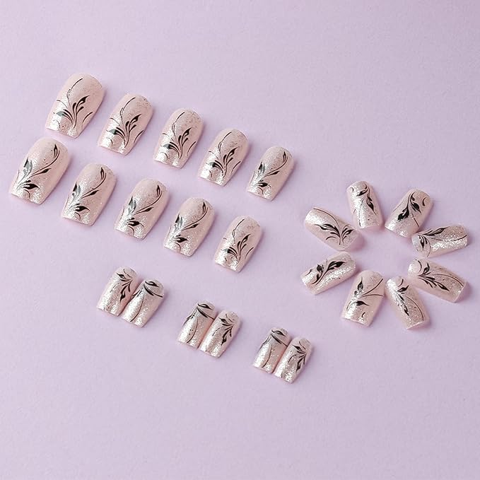 Black Leaf Press on Nails Fall Vine Stick on Fingernails 24Pcs Glossy Silver Glitter Acrylic Fake Nail Thanksgiving Medium Square False Nails Autumn Gel Glue on Nail for Coquette Women Girls