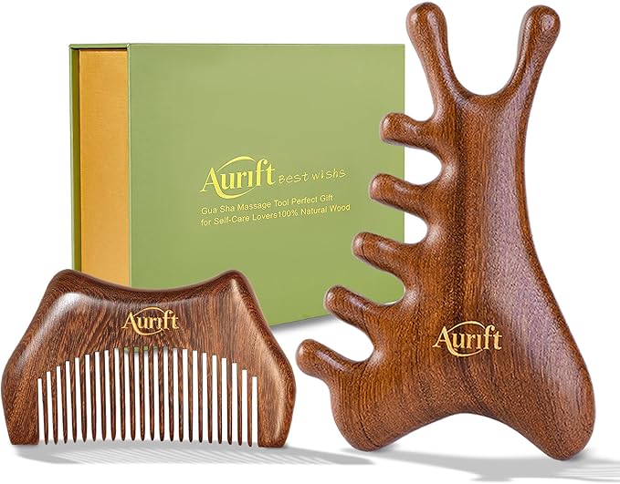 Wooden Gua Sha Tool & Massage Comb Set - 4-in-1 Face Gua Sha and Scalp Massager for Relaxation, Jawline Sculpting & Body Massage, Natural Self-Care Beauty Gift Set for Women, King Wood