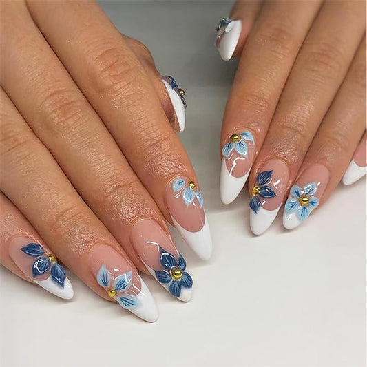 24pcs White French Tip Press on Nails Medium Almond Fake Nails with 3D Flower Gold Beads Designs Blue Floral Glue on Nails Summer False Nails Kit Acrylic Nail Tips Full Cover Stick on Nails For Women