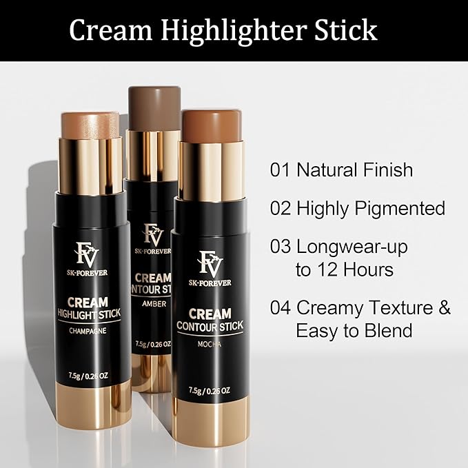 FV Cream Highlighter Stick, Blendable & Long Lasting Highlight Stick with Natural Finish, Shimmer Face Highlighter Makeup for Glowing Skin & Eyeshadow, Cruelty-free, 03 Champagne