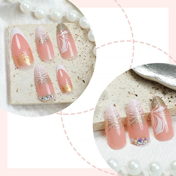 24Pcs Almond Press on Nails Medium French Tip Fake Nails White Nail Tips with Rhinestones Design Gold Glitter False Nails Nude Stick on Nails Flower Nail Supplies for Women Girls DIY Manicure