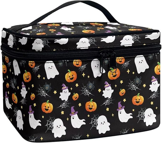 Halloween Travel Makeup Bags for Women Bat Pumpkin Spider Web Pattern Portable Tote Cosmetic Case with Carry Handle Toiletry Accessories Storage Organizer Bags