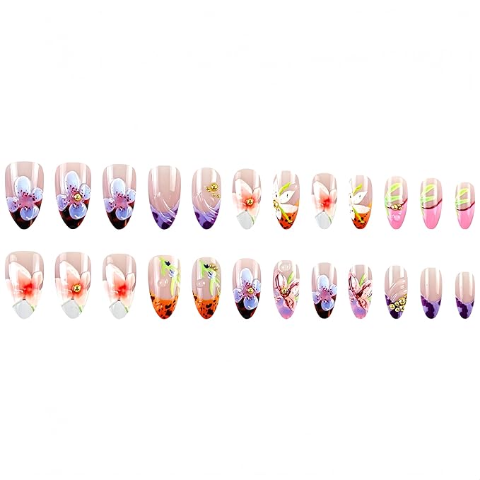 24Pcs Flower Press on Nails Almond Medium Fake Nails 3D Floral Gold Bead Design Colorful Leopard French Tip False Nails Cheetah Print Artificial Acrylic Nail Glue on Nails Stick on Nail for Women
