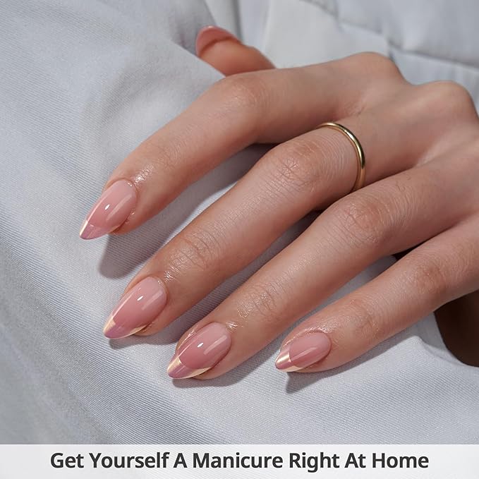 BTArtbox Press On Nails Short - Chrome French Tip Almond Press On Nails with Glue for Women, Opaque Soft Gel Glue On Nails in 16 Sizes - 32 Stick On Nails Kit, Coastal Glow