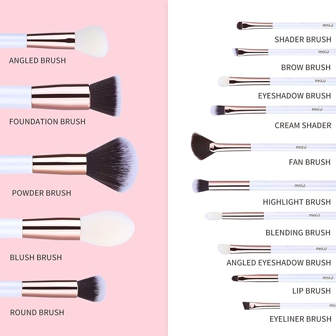 MSQ Makeup Brushes Premium Synthetic 15 Pcs Professtional Makeup Brush Set Foundation Powder Brush Eye Shadows Brushes Concealers Blending Brushes Set White