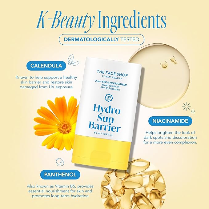 THE FACE SHOP Hydro Sun Barrier 2-in-1 Sunscreen & Moisturizer, Broad Spectrum SPF 45, Korean Sunscreen Skin care, Daily Hydrating Moisturizer for Face with Niacinamide, No White Cast