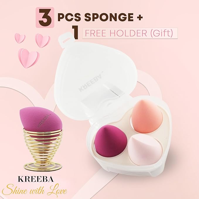 3 Pcs Makeup Sponges – Heart-Shaped Travel Box for Daily Use | Bonus Gold Drying Stand Included, Latex-Free Vegan Beauty Blenders