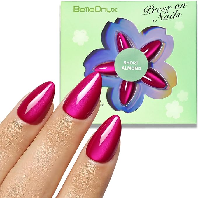 Press on Nails Short-Hot Pink Cat Eye Press on Nails Almond Natural Fit & Glossy Stick on Nails with Glue in 15 Sizes-30 Reusable Fake Nails with Glue & Glue Remover