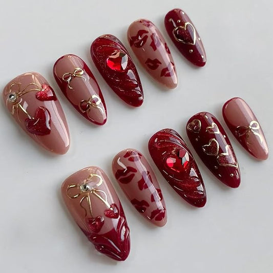 30Pcs Red Press on Nails Medium Almond Fake Nails Gold Bow Design Cherry False Nails Heart Red Lips Full Cover Artificial Nails Romantic Glitter Glue on Nails for Women Girls Valentines Nails DIY