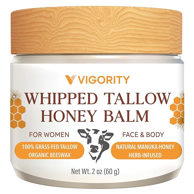 Vigority Beef Tallow and Honey Balm: Organic Grass Fed Whipped Beef Tallow for Skin - Beef Tallow Face Moisturizer Infused with Manuka Honey, Beeswax and Olive Oil - 2 oz, Unscented