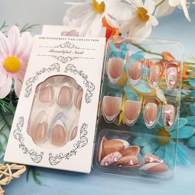 Tortoise Pattern Press on Nails 3D Heart Gel Glue on Fingernails 24Pcs French Acrylic Full Cover Fake Nails Glossy Pink Glitter Medium Almond False Nail Curve Stick on Nail for Holiday Manicure Art