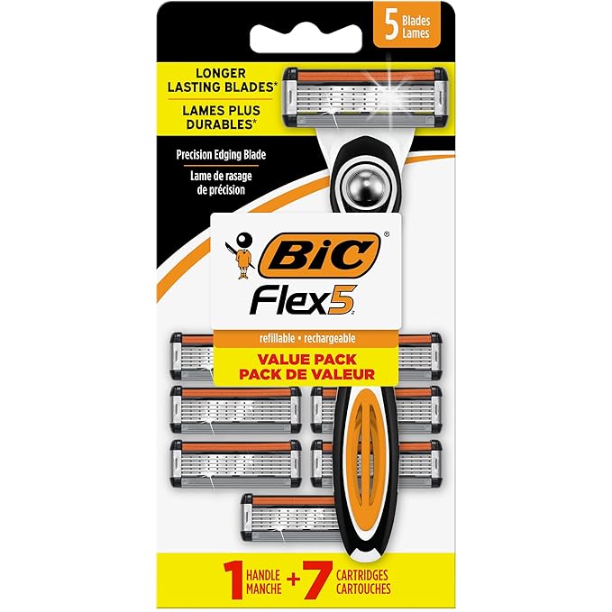 BIC Flex 5 Refillable Men's Razor, Father's Day Gift Set with 5 Blade Razors, 1 Handle and 7 Cartridges for Smooth Shaving