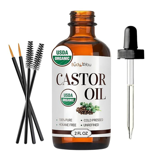 BodyJ4You Castor Oil for Eyelashes Eyebrows - 100% Pure Natural USDA Organic Cold Pressed - Hydrating Skin Hair Growth Oil Lashes Scalp - Non-GMO Hexane Free Unrefined Carrier - Glass Bottle 2 Fl Oz