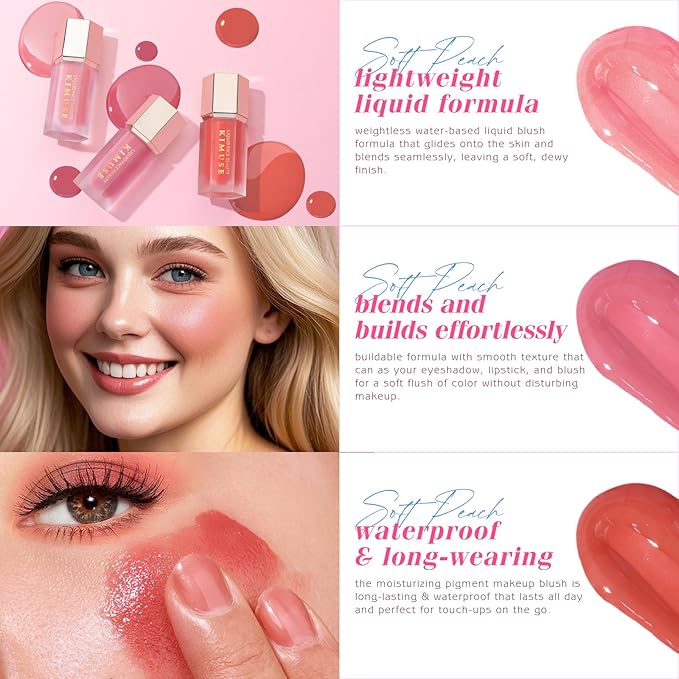 KIMUSE Liquid Blush - Soft Cream Blush for Cheeks, Long-Wearing, Waterproof & Smudge Proof, Dewy Finish