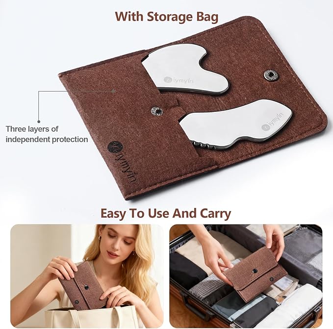 2 Pcs Stainless Steel Gua Sha Facial Tools Set, Guasha Tool for Face and Body Skin Massage, Facial Scraping Tools for Jaw Lift Massager, Puffiness Reduction, Lymphatic Drainage & Skin Tightening, Gift