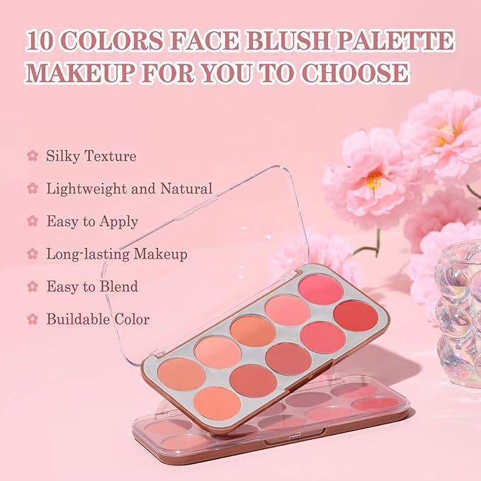 10 Color Blush Palette for Cheeks - Natural Look Smooth Face Blusher - Long-lasting Women Cheek Makeup Powder - Buildable Color Makeup Blushes Powder for All Skin Types