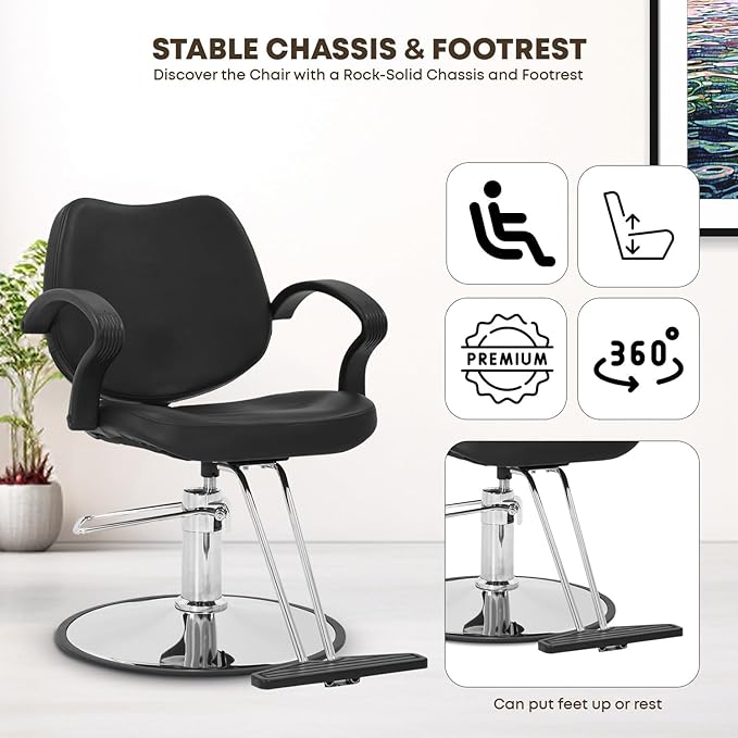 Barber Chair - Heavy Duty Hydraulic Pump Hair Cutting Chair with 360 Swivel & Ergonomic Design for Women & Men, Black