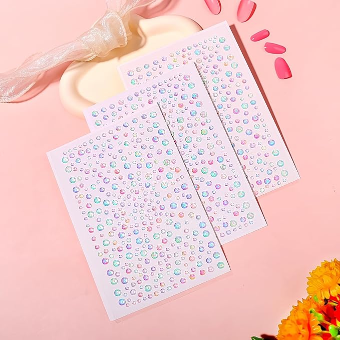 975Pcs Face Gems Hair Gems, Self-Adhesive Face Jewels Eye Jewels Rhinestones 3/4/5/6 mm DIY Face Gems Stick on, Hair Body Rhinestones Gems Crystals Pearls for Face Makeup, Crafts (gem_Aurora)