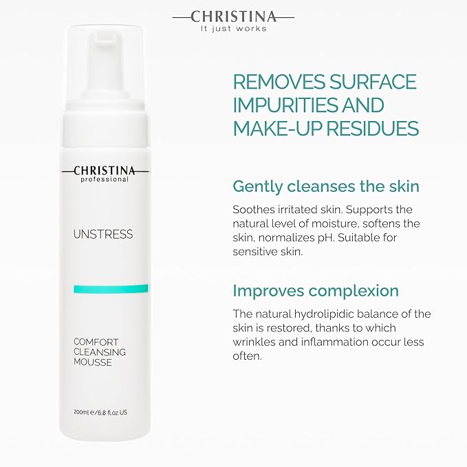 -CHRISTINA- Unstress Comfort Cleansing Mousse | Cleanser for Face with Gentle Formula with Green Tea Extract & Vitamin B5 | Suitable for All Skin Types, 24-Hour Care 200ml