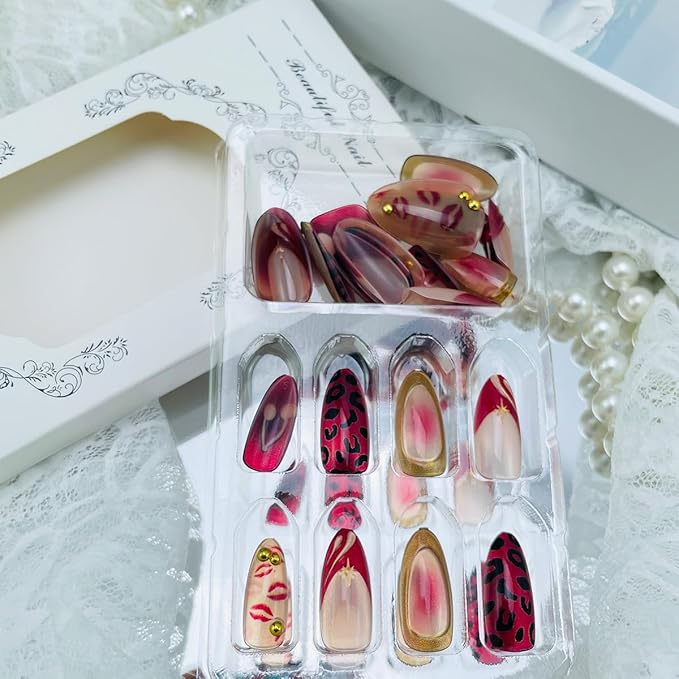 Red Lips Cherry Press on Nails Medium Almond Shaped False Nails with Golden Beads Designs NEWSPIED Valentines French Tip Fake Nails Red Glossy Acrylic Glue on Nails for Women Girls Manicure Tips 30Pcs