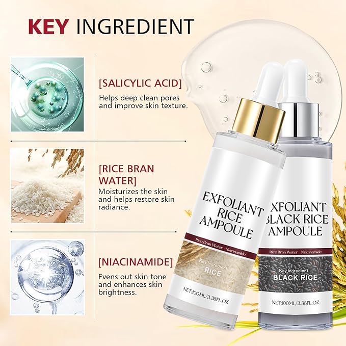 2PCS Rice Exfoliating Ampoule Set – Black & White Rice Brightening Duo for Glowing Skin | Gentle Peel + Pore Minimizing & Deep Hydration