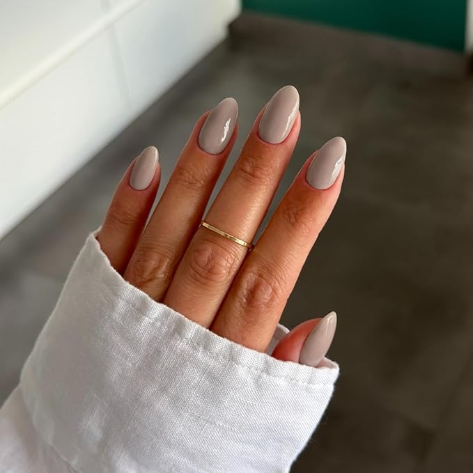 Beige Short Almond Fake Nails Press ons, Thick Solid Color Glue on Nails Short False Nails, Medium Almond Oval Round Shaped Nails for Women, 24Pcs Natural Acrylic Gel Nails