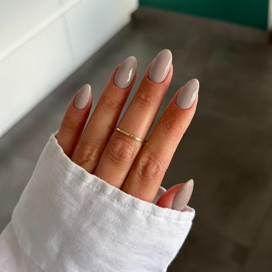 Beige Short Almond Fake Nails Press ons, Thick Solid Color Glue on Nails Short False Nails, Medium Almond Oval Round Shaped Nails for Women, 24Pcs Natural Acrylic Gel Nails