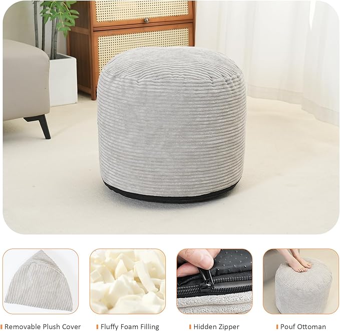 Pouf Ottoman Stuffed Round Modern Foam Filled Foot Rest Poufs for Living Room Chair Decorative 20 X 15 Inches Fluffy Pouf Foot Stool Storage Ottoman, Grey