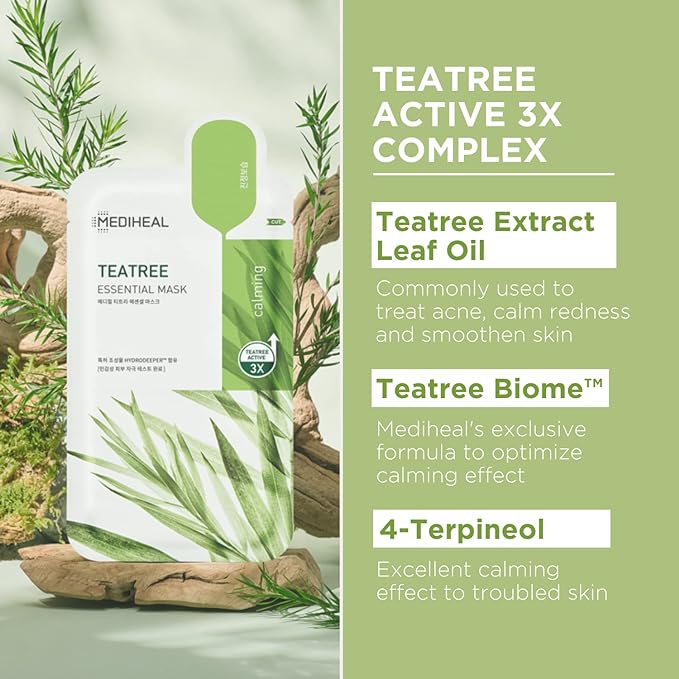 Mediheal Best Korean Sheet Mask - Tea Tree Essential Face Mask 10 Sheets For All Skin Types Korean Best Sheet Mask Soothing Calming