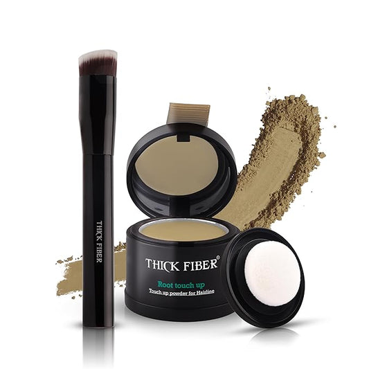 THICK FIBER Root Touch Up and Hairline Concealer - Water & Sweat Resistant Hair Loss Cover for Thinning Hair Women, with Powder and Brush (Medium Blonde)