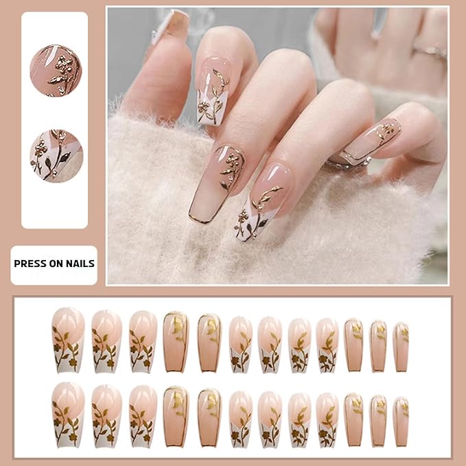 Hkanlre Nude Press on Nails French Nude Long Leaf Fake Nails Tips Full Cover Coffin False Nails for Women and Girls 24PCS