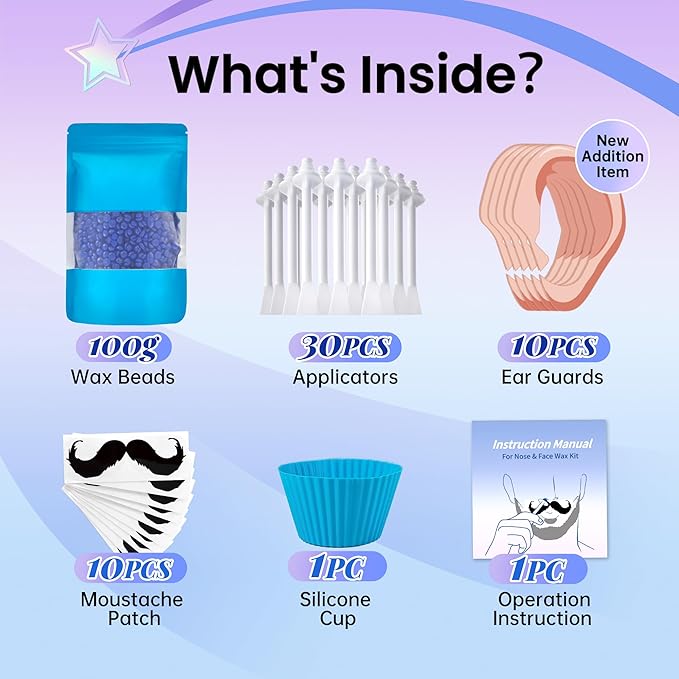 Nose Wax Kit for Men Nose Waxing, 100g Wax 30 Applicators Ear wax kit Hair Removal for Men and Women,Safe Quick Painless Nasal Waxing,10 Mustache Patch 10 Ears Guards,15-20 Uses